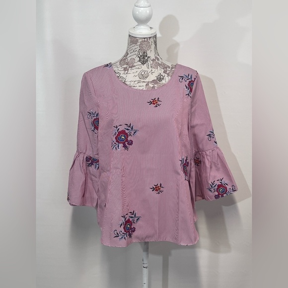 NINE WEST Red and white stripe with embroidered floral design top size L - Picture 5 of 14